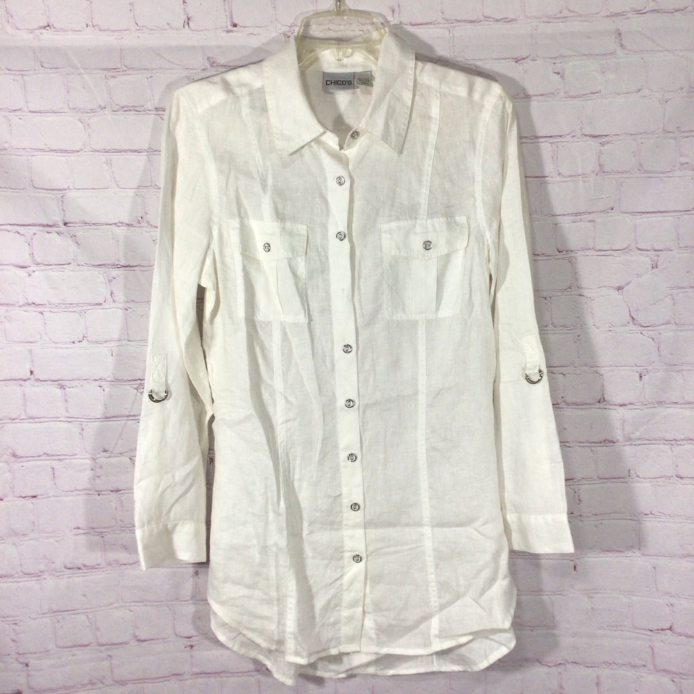 Chico’s Linen Long Sleeve Button Down Blouse - Size 1